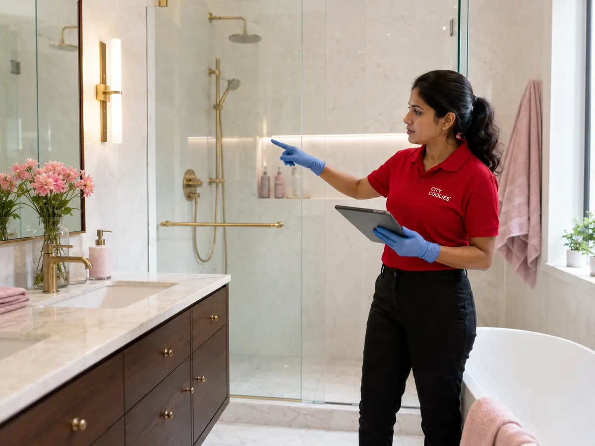 City Coolies professional creating a customized bathroom-cleaning plan